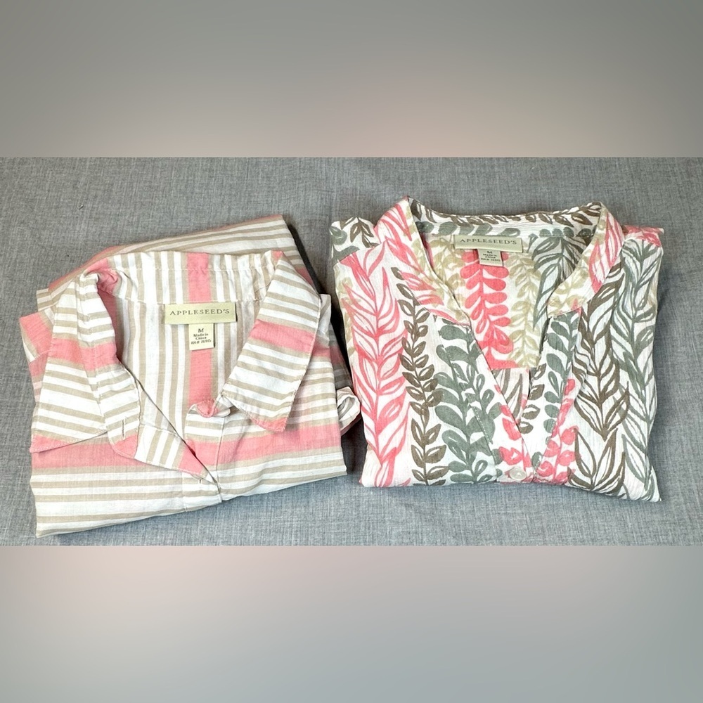 Appleseed's PK of 2 Pink Cream Striped/Floral Vine Patterned Button up Shirts